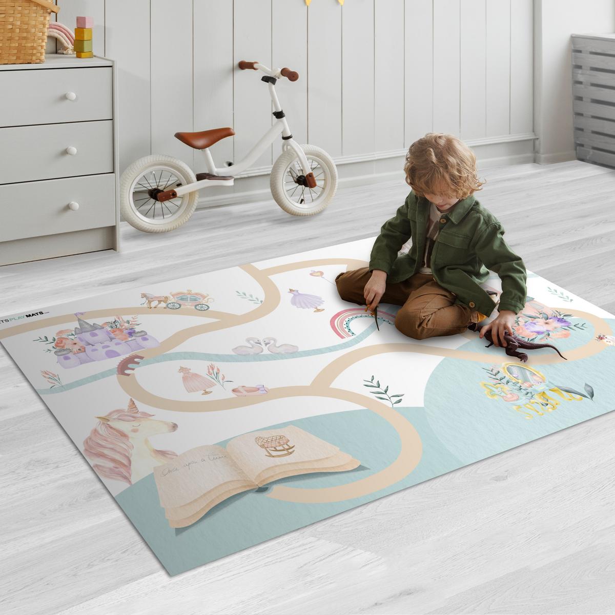 KINDERTEPPICH Prinzessin - Schloss - Blumen - Einhorn - Mädchen Spielmatte 135x90 cm - Weiß, Kunststoff (135/0.3cm) - OnlyWow