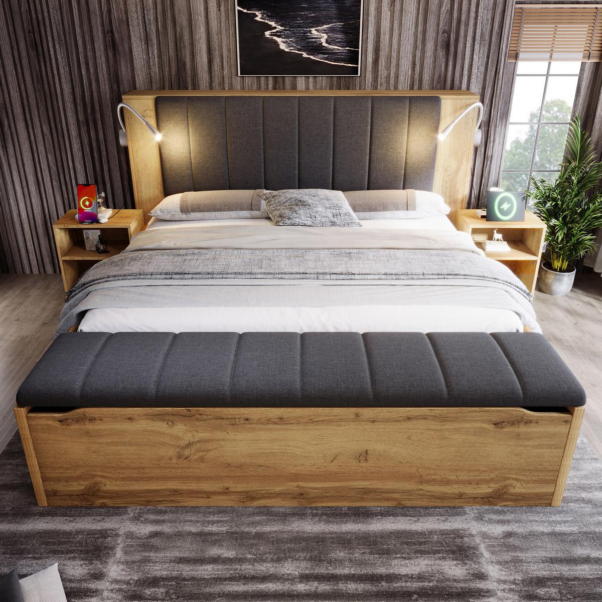 POLSTERBETT eiche-optik & leinen 160X200 mit nachttischen & bettbank - Eichefarben, Holz (160/200cm) - Urban Meuble