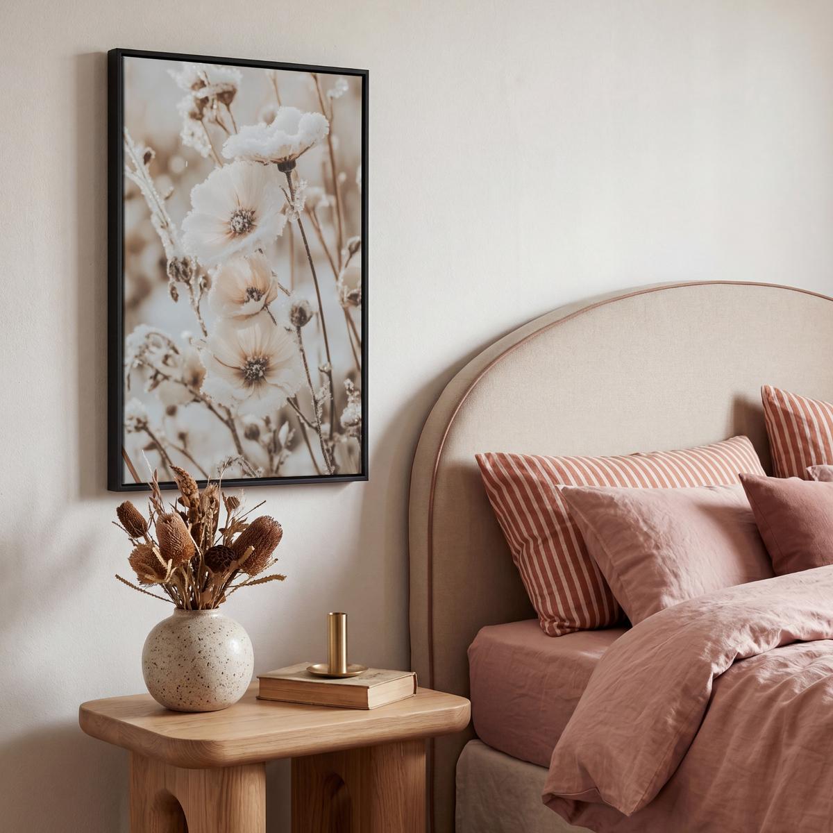 LEINWAND Bilder mit Rahmen - Blumen - Winter - Weiß - Schnee - Beige - 40x60 - Creme, Textil (40/60cm) - MuchoWow