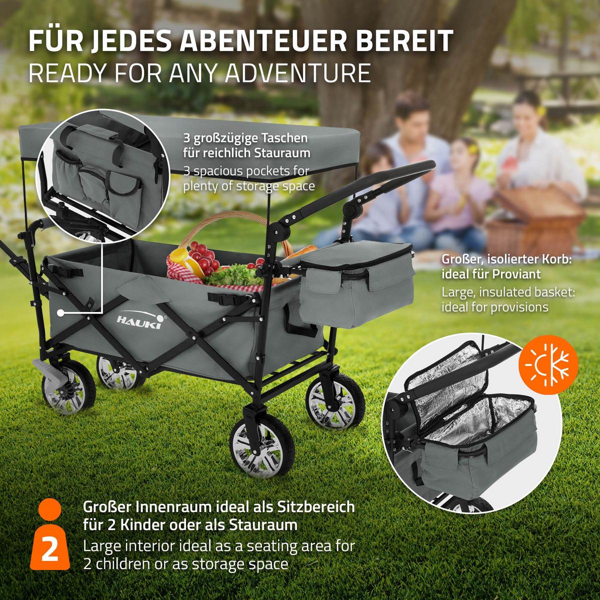 BOLLERWAGEN faltbar mit Dach XXL Grau Handwagen für Kinder Strand Picknick - Schwarz/Grau, Metall (56/99/196cm) - Hauki