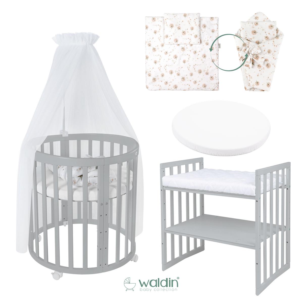 BABYBETT GREY OVAL 7in1 mit Matratze und Himmelset - Weiß/Braun, Holz/Textil (73/125cm) - waldin