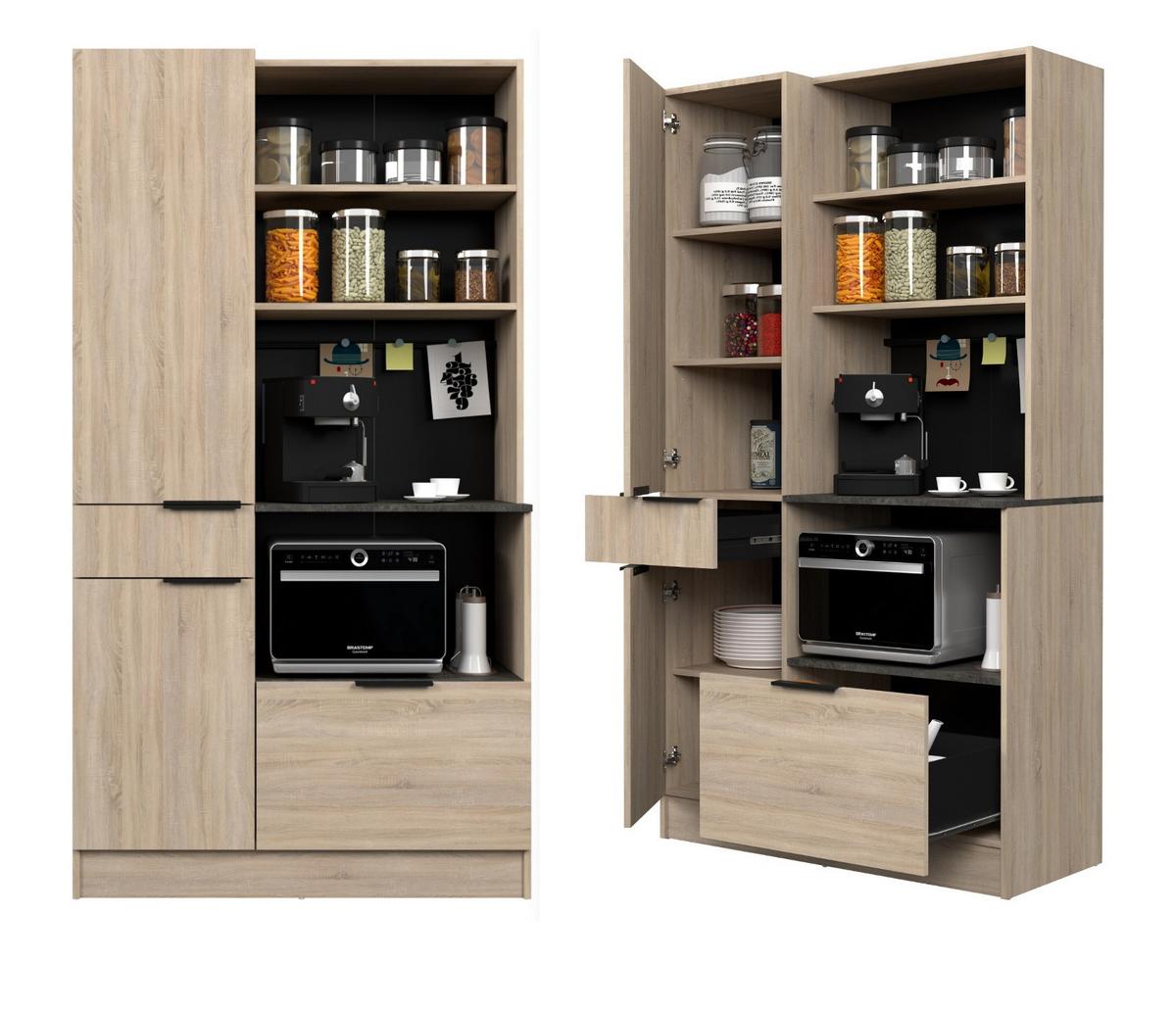 BUFFET Küche Eiche, grau 100 cm Küchenschrank mit viel Stauraum - Eichefarben/Schwarz, Holzwerkstoff/Metall (100/186/45cm) - Parisot Meuble