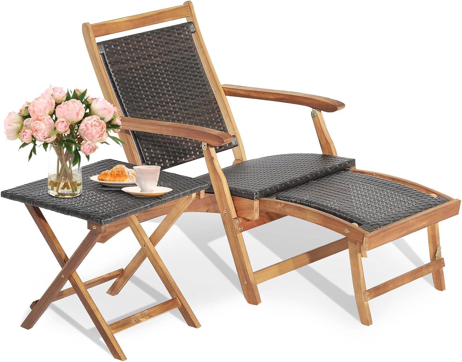 SONNENLIEGE mit Fußstütze+Beistelltisch Braun - Braun, Naturmaterialen (135/81/61cm) - COSTWAY