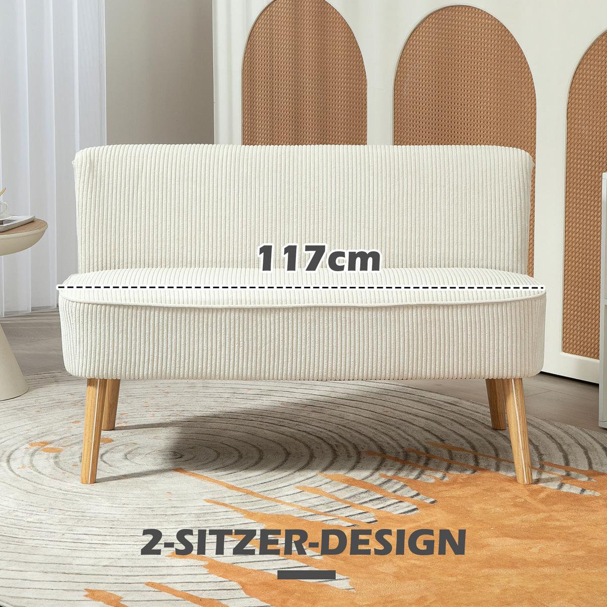 SOFA 2 Sitzer modern Couch ohne Armlehne Polstersofa mit Cord-Optik Cremeweiß - Perlmutt/Creme, Holz/Textil (56.5/77/117cm) - HOMCOM