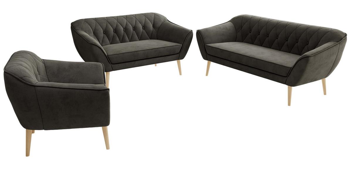 SITZGARNITUR PIRS 3+2+1 - Dunkelgrau Velvet - Holzbeine - Dunkelgrau/Buchefarben, Holzwerkstoff/Textil (180/75/74cm) - MKS