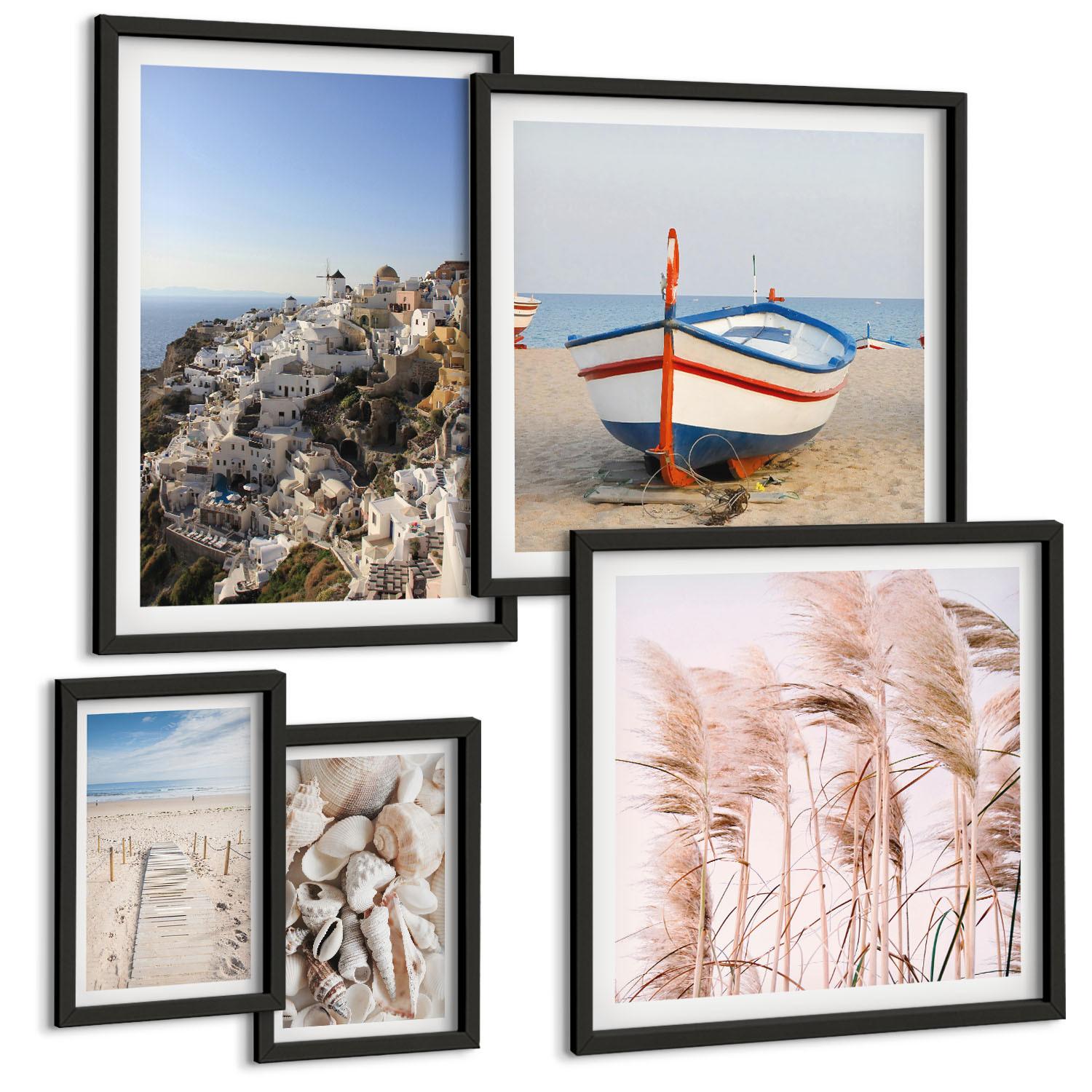 BILDER SET 5er Set - 50x50 cm & 20x30 cm & 40x60 cm Schwarzer Rahmen - Japanische Berglandschaften - Schwarz, Kunststoff (40/60cm) - TULUP