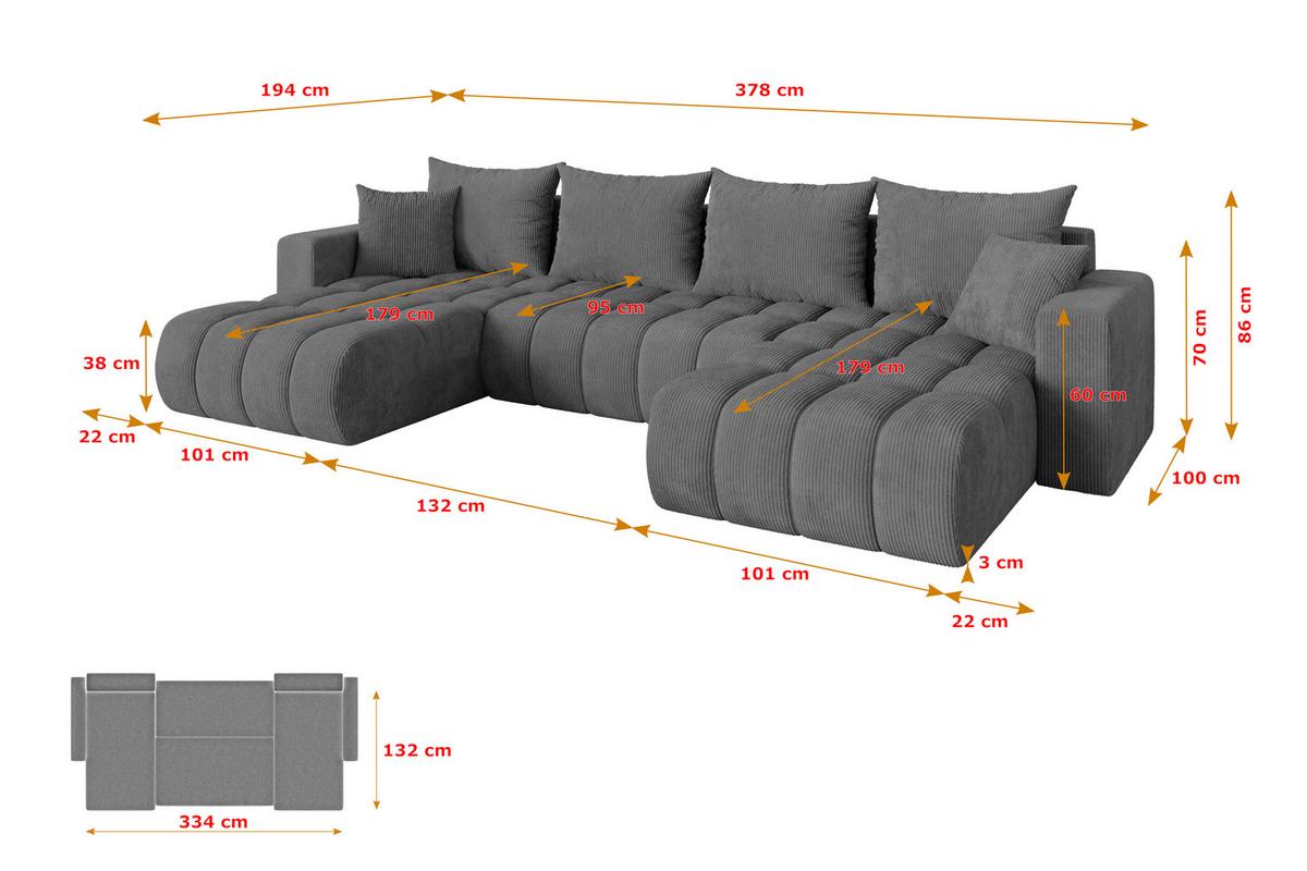 WOHNLANDSCHAFT mit Schlaffunktion und Bettkasten MILA-U-v1 378x194x86 Dunkelgrau Cord - Dunkelgrau/Schwarz, Holzwerkstoff/Kunststoff (378/86/194cm) - ALTDECOR
