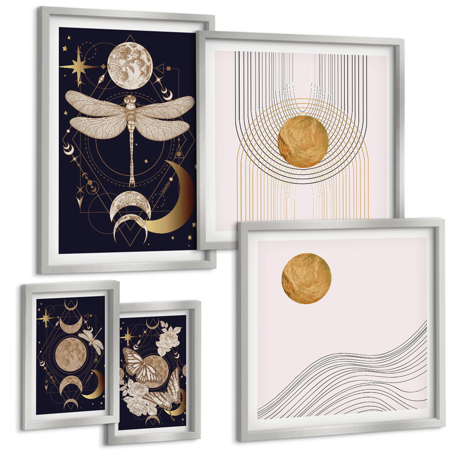BILDER SET 5er Set - 50x50 cm & 20x30 cm & 40x60 cm Silberner Rahmen - Naturmotive mit dem Mond - Silberfarben, Kunststoff (40/60cm) - TULUP
