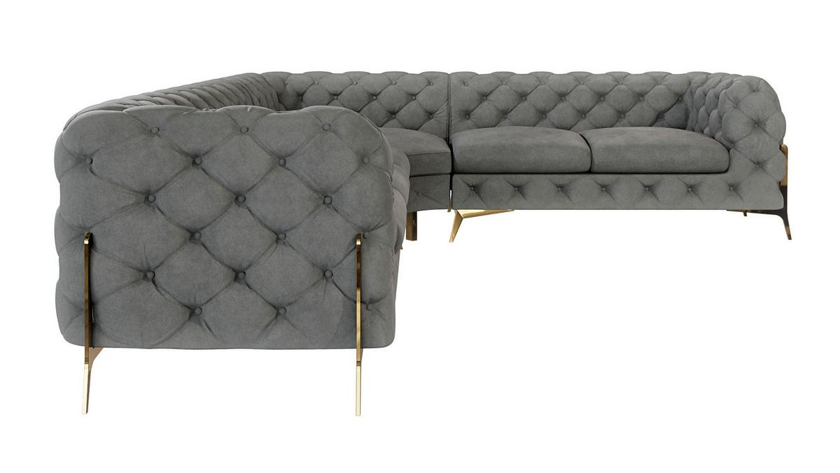 ECKSOFA Chesterfield Lexi Grau Samt, langer Schenkel links - Goldfarben/Grau, Holz/Textil (323/264cm) - S-Style