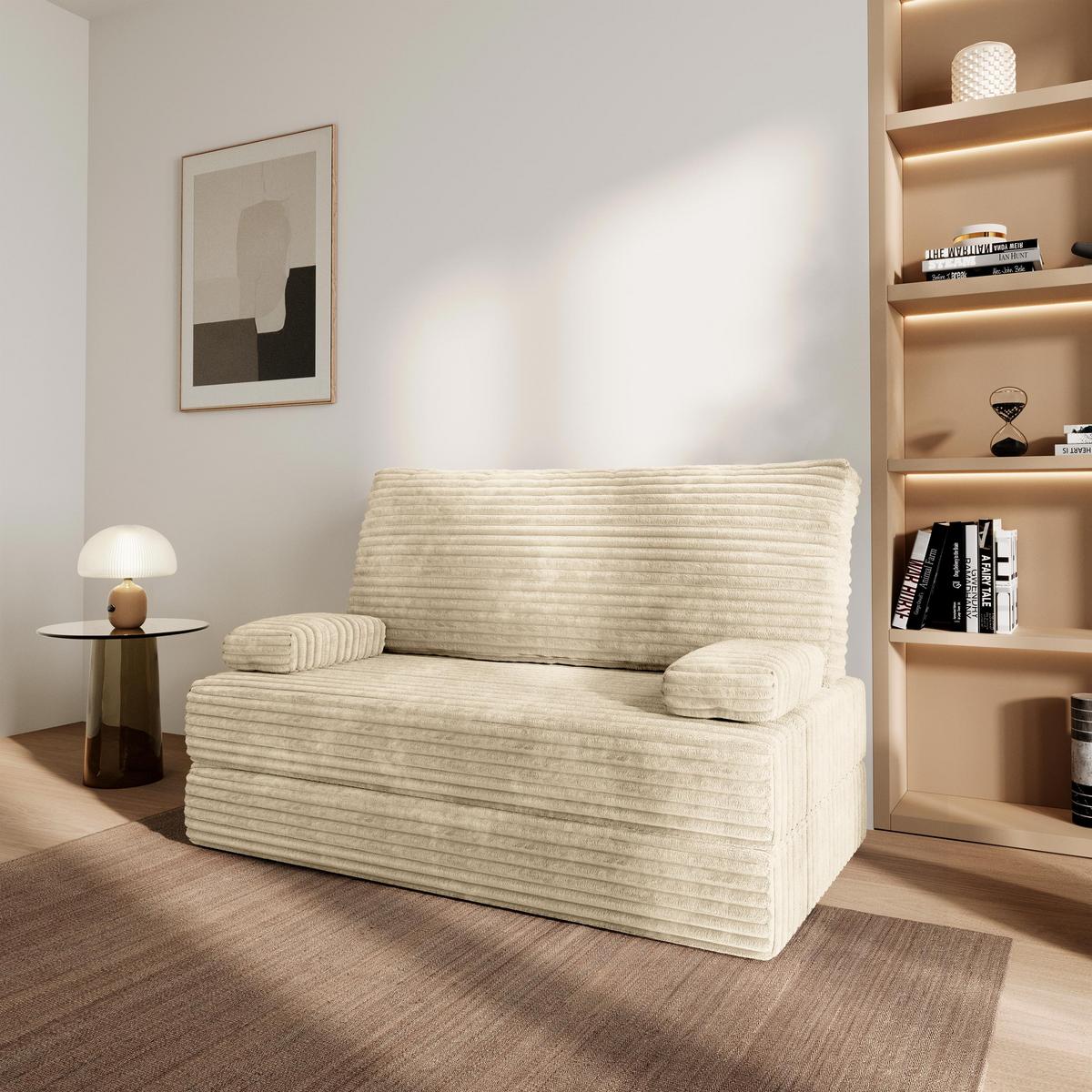 BETTSOFA LADIA aus Schaumstoff Kordstoff Creme Schlaffunktion - Creme, Textil (140/86/60cm) - MASSENO