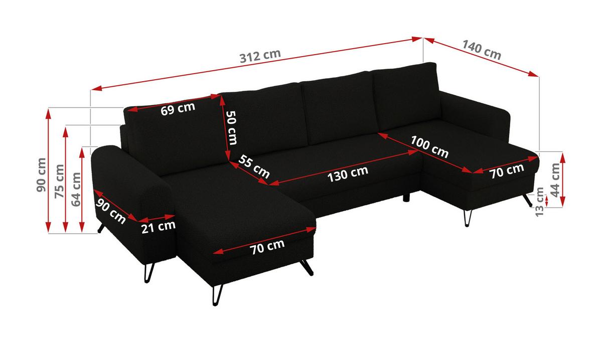 WOHNLANDSCHAFT AXEL U Boucle Schwarz - Schwarz, Textil/Metall (312/90/140cm) - MKS
