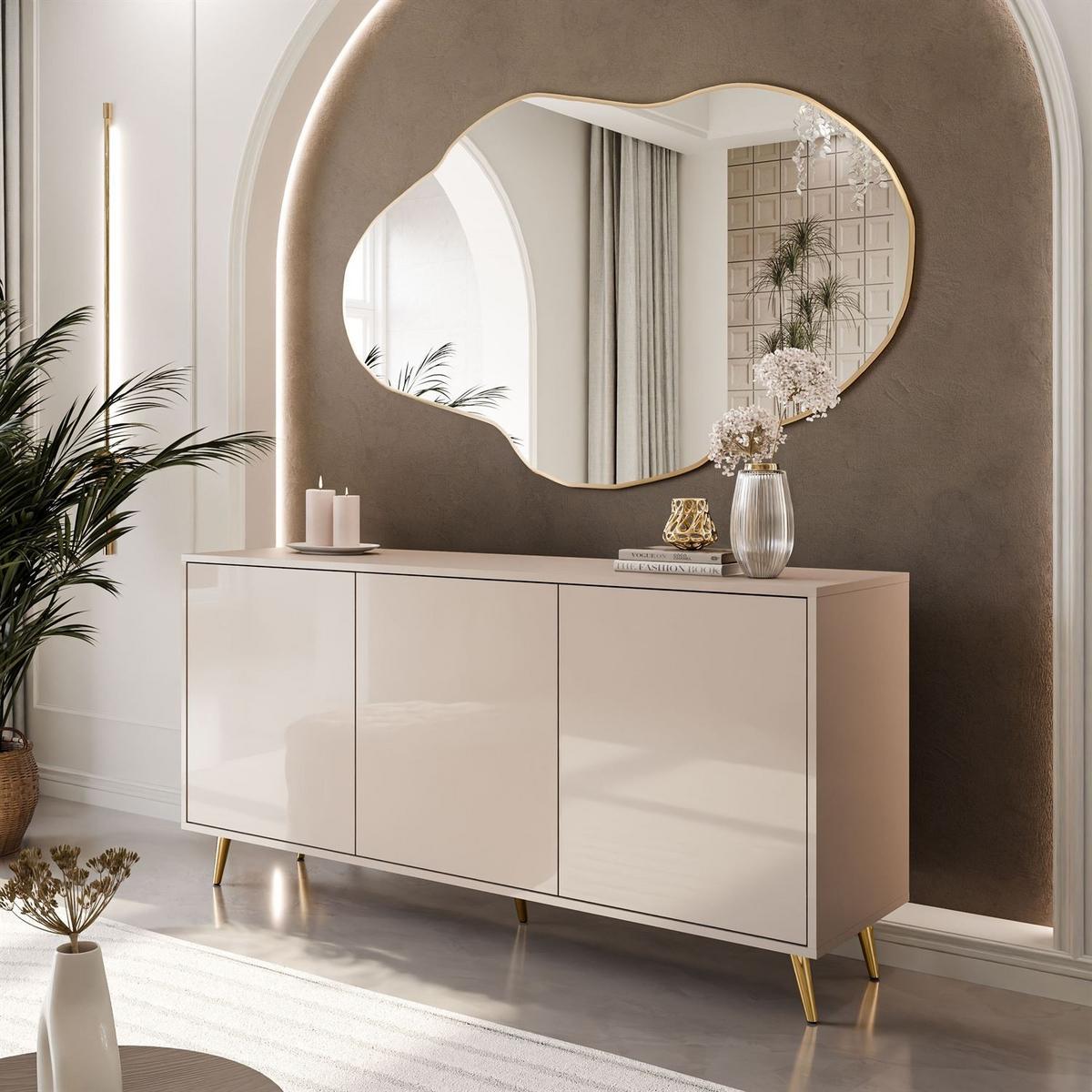KOMMODE SANAYI Kaschmir Hochglanz – schräge goldene Beine - Kaschmir/Goldfarben, Holzwerkstoff (154/72/40cm) - Lookway