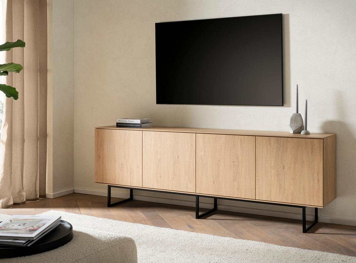 TV-LOWBOARD Eiche 200 x 70 cm, Flat-TV Unterschrank mit Komforthöhe, Push-To-Open-Funktion - Eichefarben/Schwarz, Holzwerkstoff/Metall (200/70/40cm) - Furn.Design