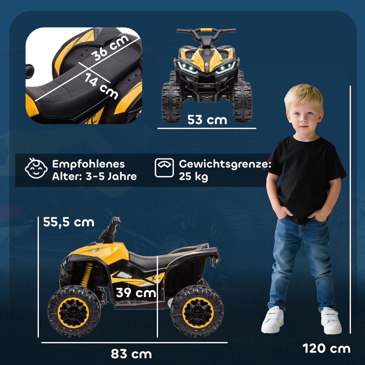 ELEKTRO Quad für Kinder, 12V Kinder Quad mit USB-Anschluss, Gelb - Gelb, Metall (83/53/55.5cm) - HOMCOM