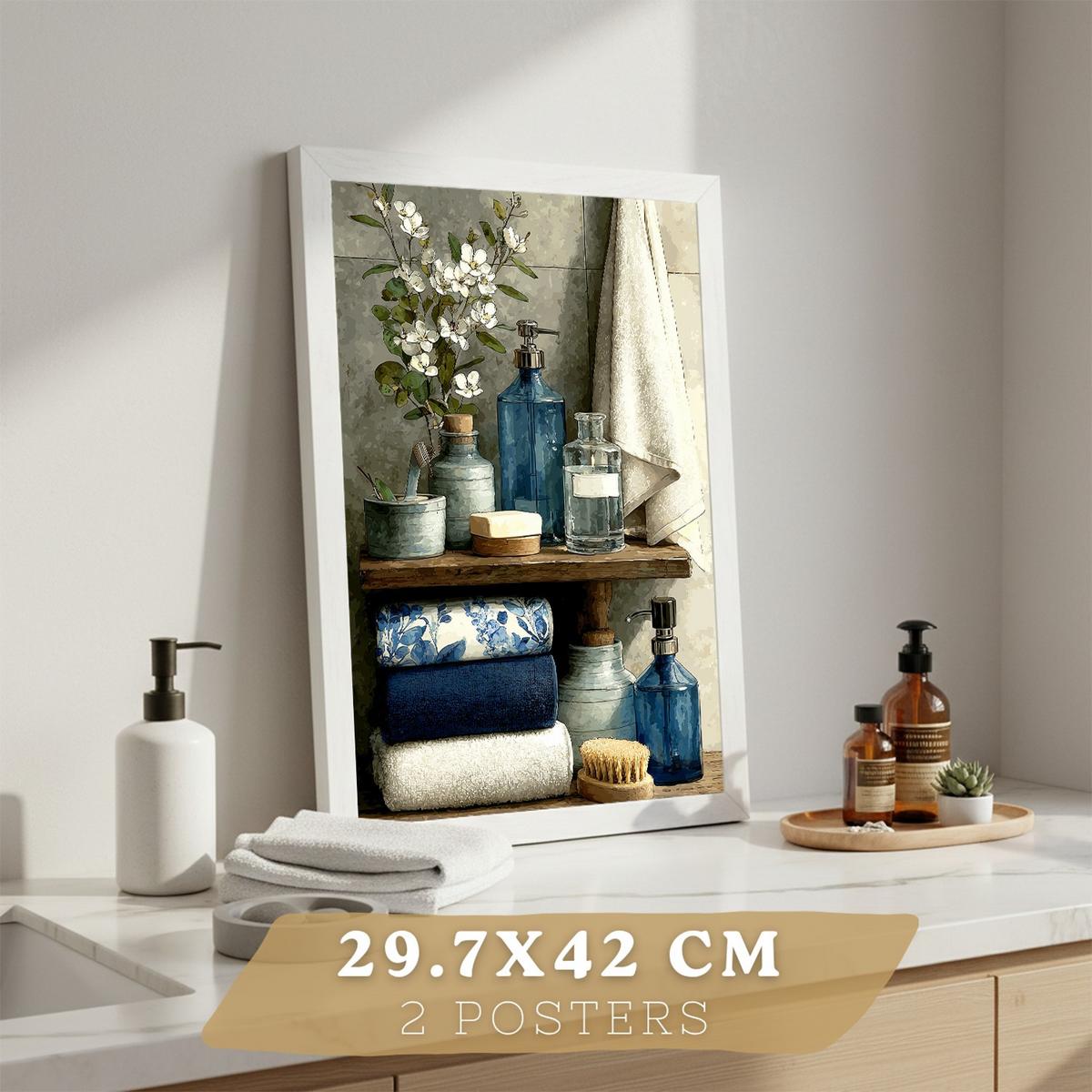 POSTER 2er-Set dekorative Badezimmer-Poster, moderne Wandbilder für Waschbecken, elegante Dekoration mit blauer Badewanne und Accessoires Rahmenlos A3 - Klar, Papier (42/29.7/3cm) - Nacnic