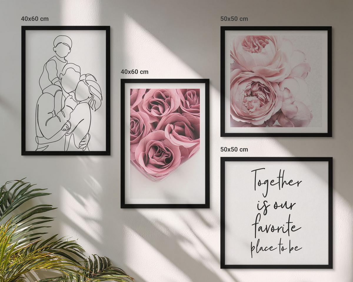 BILDER SET 4er Set - 50x50 cm & 40x60 cm Schwarzer Rahmen - Rosensträuße als Familienzeichnung - Schwarz, Kunststoff (50/50cm) - TULUP