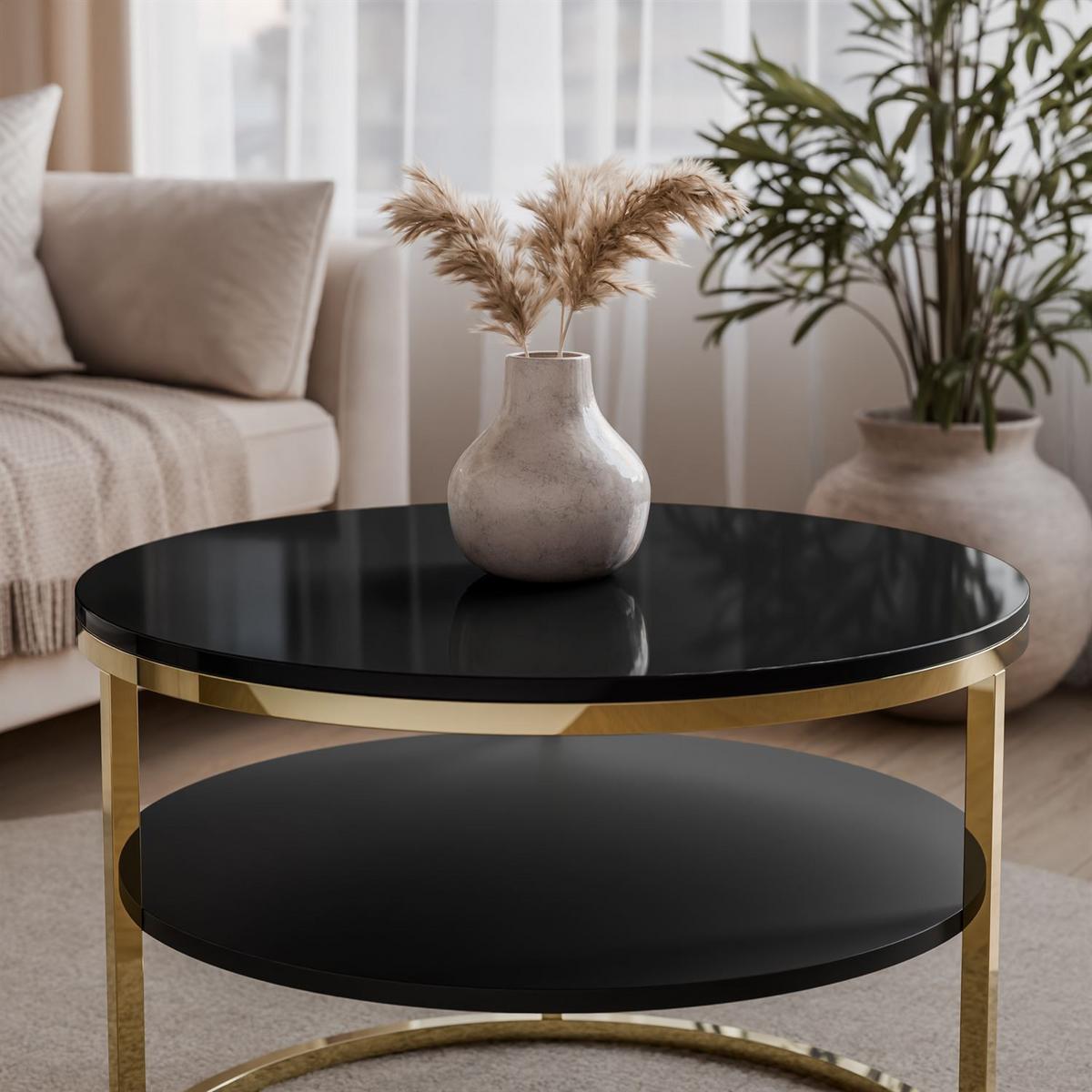 COUCHTISCH CIRI in Hochglanz mit Ablage und Gestell in Goldchrom Schwarz Hochglanz - Goldfarben/Schwarz, Holzwerkstoff (70/70/49cm) - Lookway