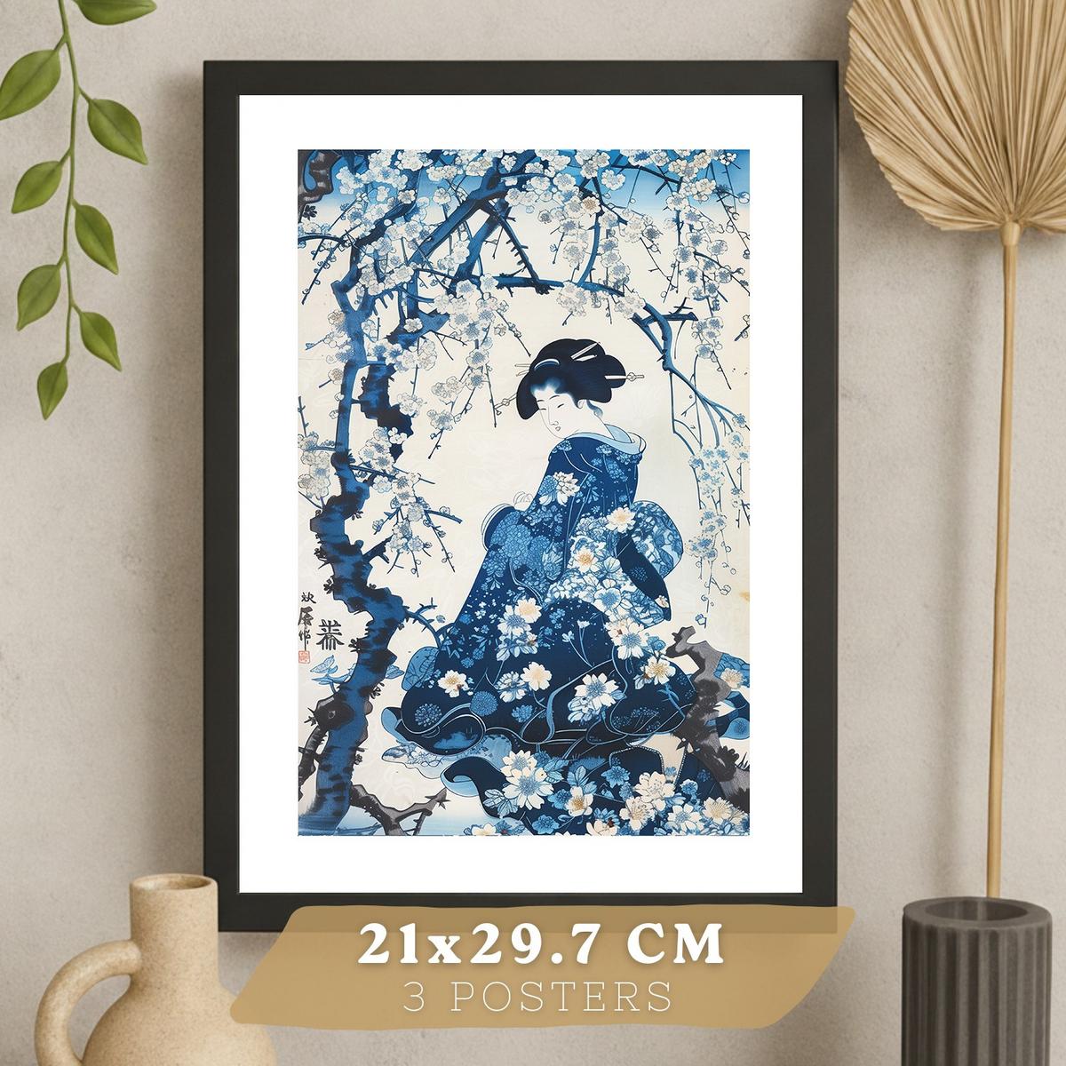 POSTER 3er Bilder-Set Wandbilder Japan Stil modern Wohnzimmer Deko, Schlafzimmer, Küche, Badezimmer Schwarzer Rahmen A3 - Schwarz, Papier (29.7/1/42cm) - Nacnic
