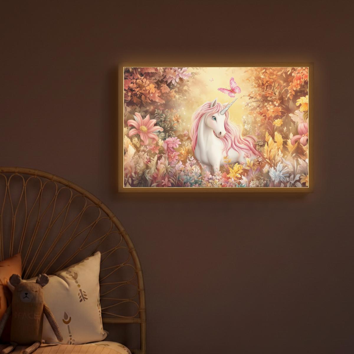 WANDLEUCHTE MIT AKKU Einhorn - Blumen - Schmetterling - Rosa 60x40 cm - Beige, Holzwerkstoff (60/40/8cm) - OnlyWow