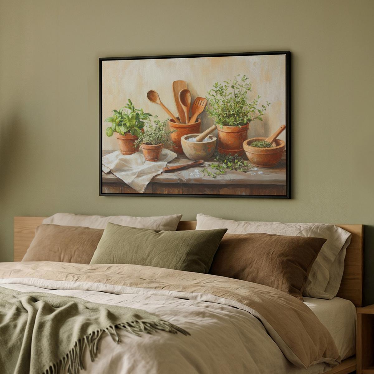 LEINWAND Bilder mit Rahmen - Töpfe - Kräuter - Holz - 80x60 - Terracotta, Textil (80/60cm) - MuchoWow