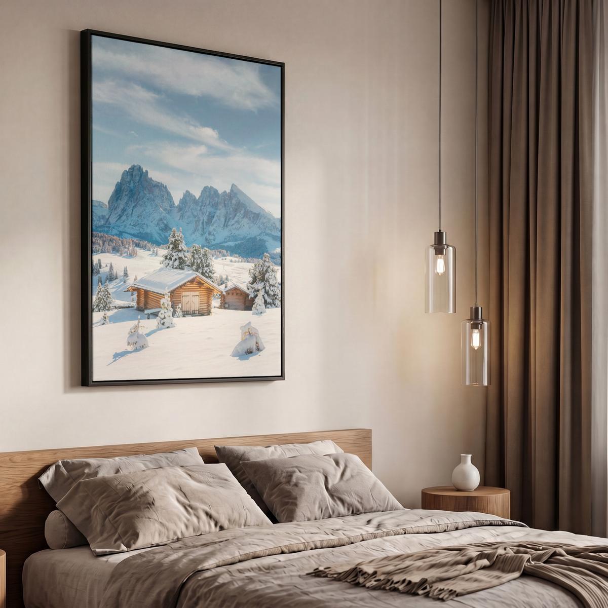 LEINWAND Bilder mit Rahmen - Winter - Hütte - Berge - Aussicht - Schnee - 60x90 - Eichefarben, Textil (60/90cm) - MuchoWow