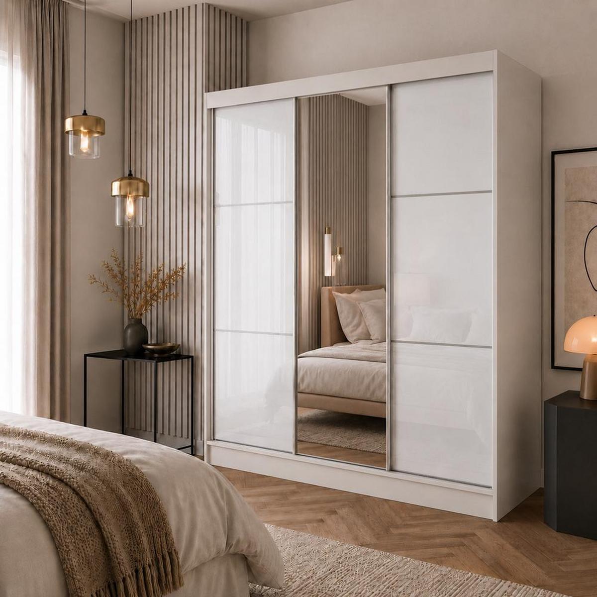 SCHWEBETÜRENSCHRANK Viva 180/216/61 Kaschmir mit Lacobel-Glas - Kaschmir, Holzwerkstoff (180/216/61cm) - Beautysofa