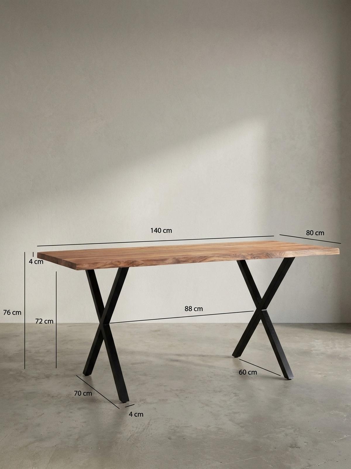 SCHREIBTISCH Massivholz X-Gestell Baumkante Handgefertigt KRETA, Goldbraun-Schwarz 140x80x76 cm - Schwarz/Braun, Holz/Metall (80/140/76cm) - KADIMA DESIGN
