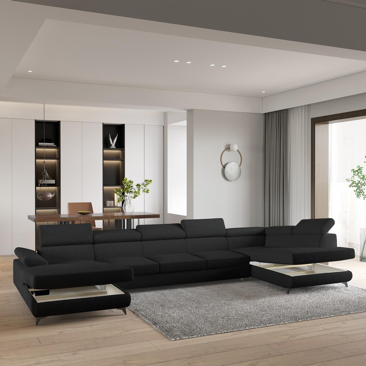 WOHNLANDSCHAFT MONTIVA Schwarz Boucle-Stoff mit Schlaffunktion - Schwarz, Holz (410/89/190cm) - MASSENO