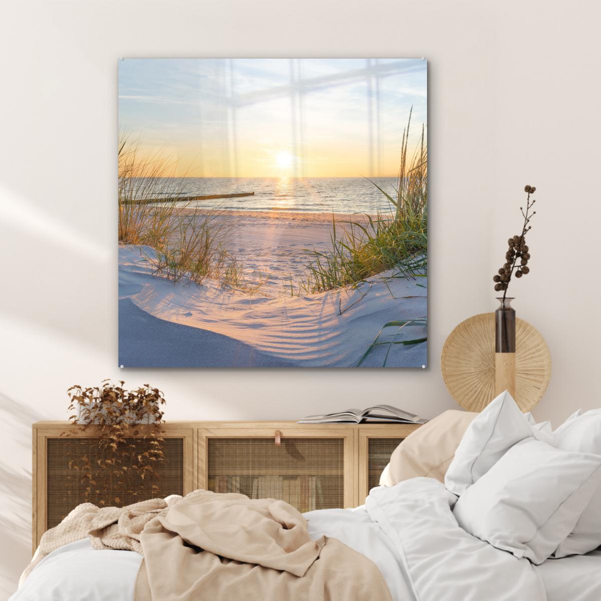 ACRYLGLASBILD Strand - Sonne - Düne - Gras - Sand - Horizont 90x90 cm - Hellblau, Glas (90/90cm) - MuchoWow