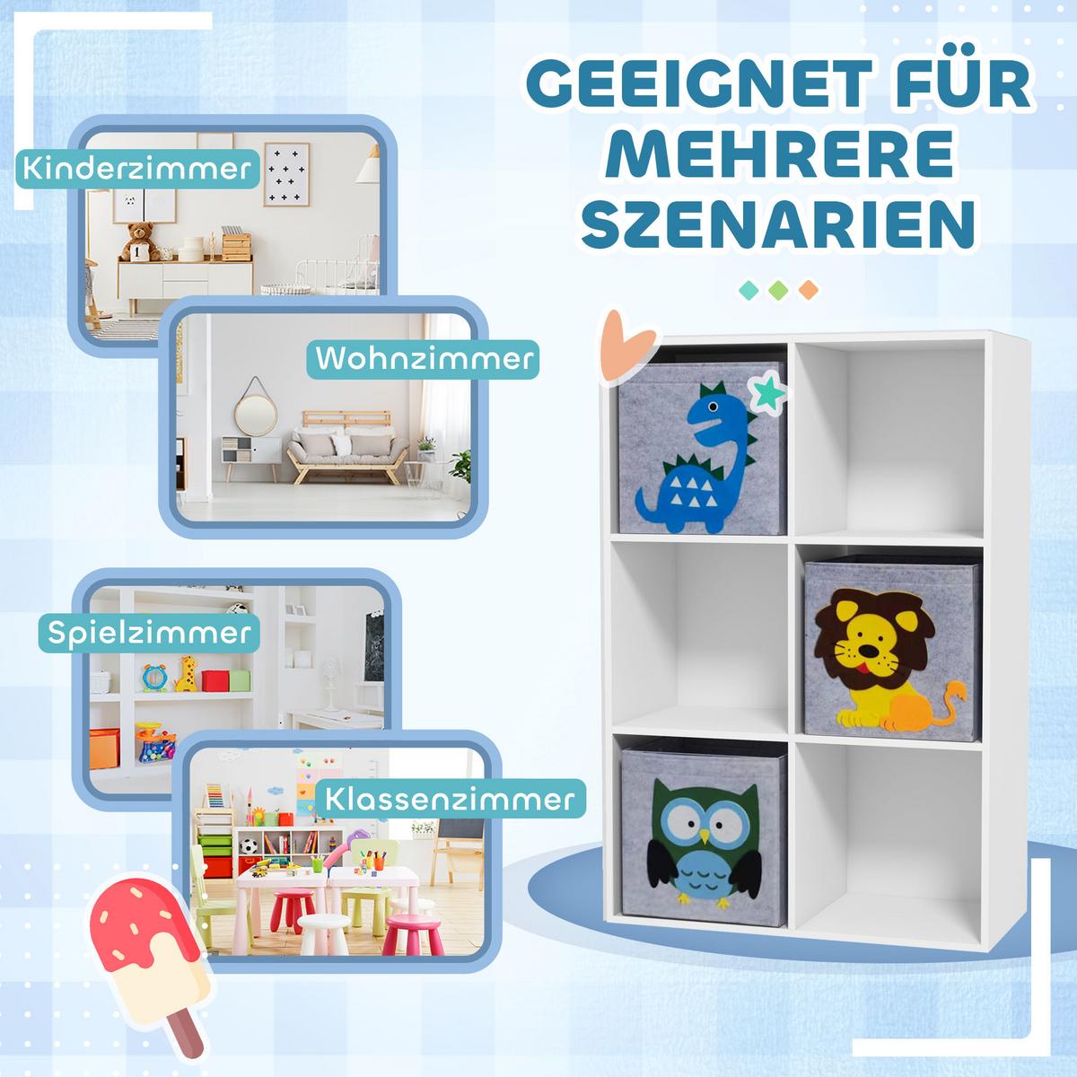 KINDERREGAL Kinder Bücherregal mit 3 Aufbewahrungsboxen für Kinderzimmer Weiß - Weiß, Holzwerkstoff (29.9/91.5/61.8cm) - ZONEKIZ