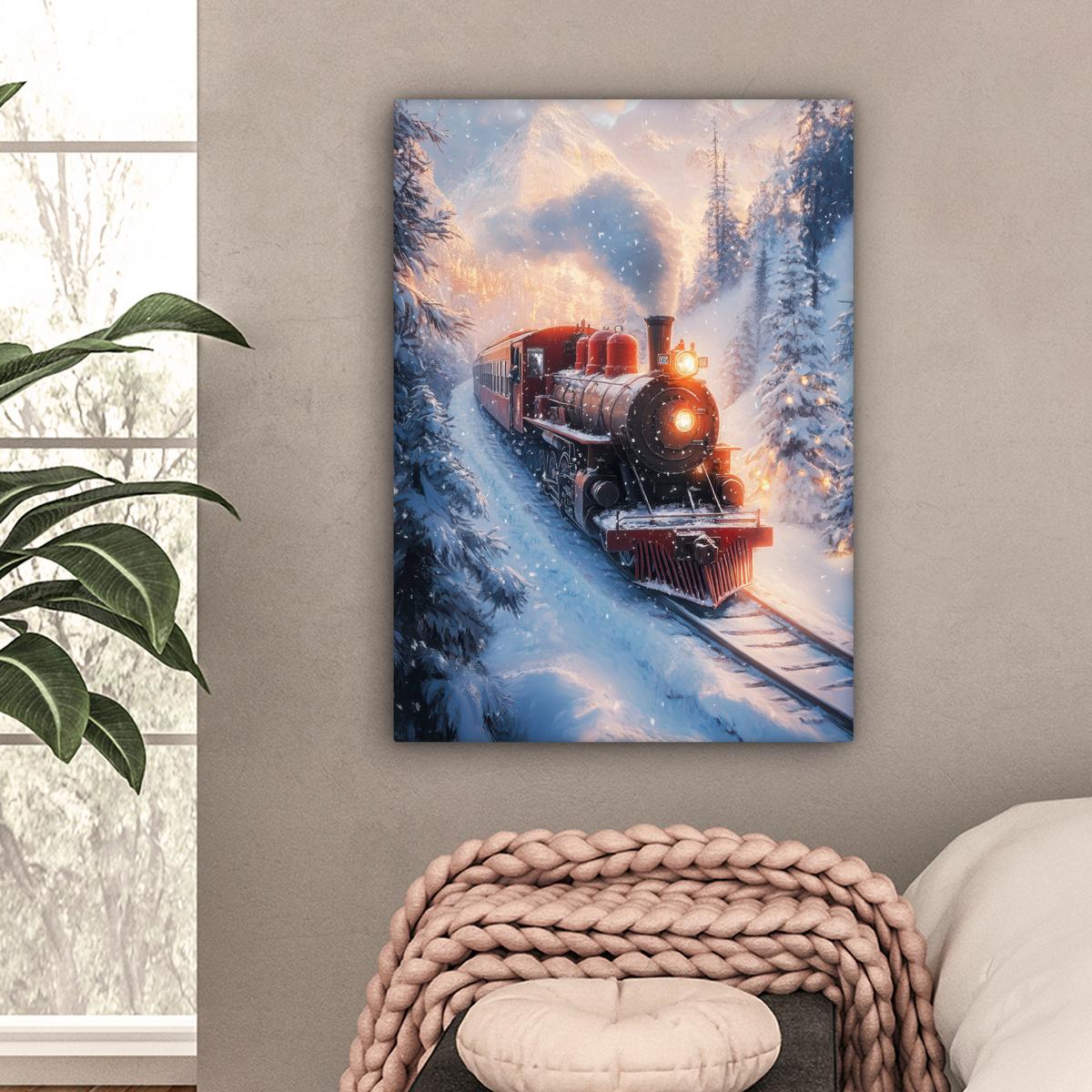 LEINWANDBILD Weihnachtszug - Schnee - Winter - Weihnachten Wandbild Wohnzimmer 60x80 cm - Dunkelrot, Textil (60/80cm) - MuchoWow