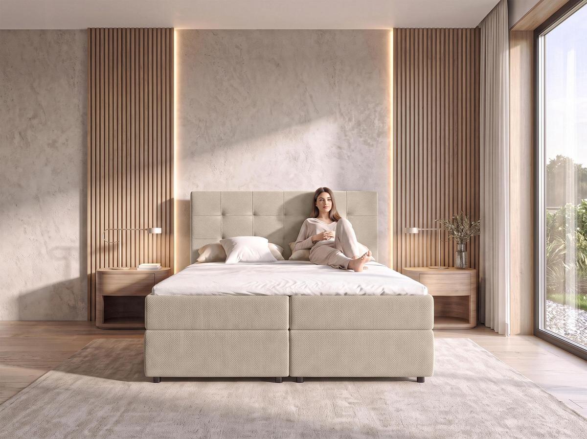 BOXBETT SAKARYA 140x200 cm mit Bettkasten und Matratze - Creme + TOPPER - Creme/Schwarz, Holz/Holzwerkstoff (140/200cm) - AX Living