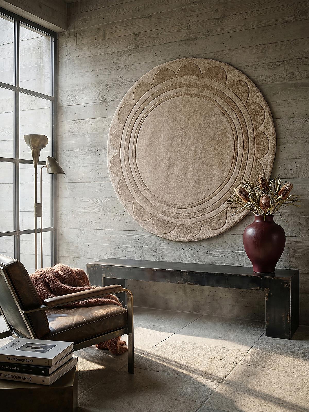 WOLLTEPPICH WENSUM, mit grafischem Muster mit Rahmen, Beige, Ø 120 cm - Beige, Textil (120/120cm) - KADIMA DESIGN