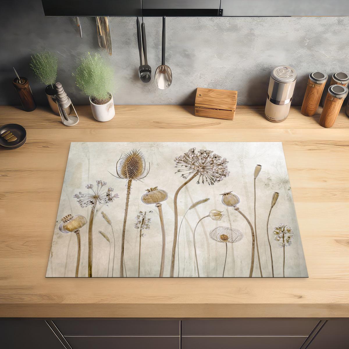 HERDABDECKPLATTE Blumen - Aquarell - Stilleben - Braun - Vintage Induktionsmatte 71x52 cm - Sandfarben, Kunststoff (71/52/0.2cm) - MuchoWow