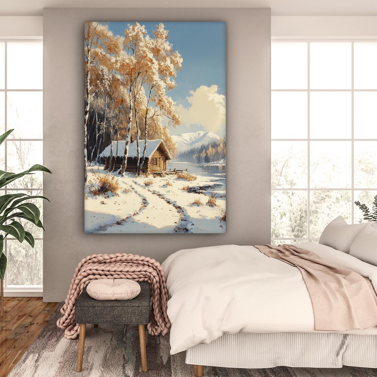 LEINWANDBILD Winter - Schnee - Zuhause - Natur Deko Groß 90x140 cm - Hellbraun, Textil (90/140cm) - MuchoWow