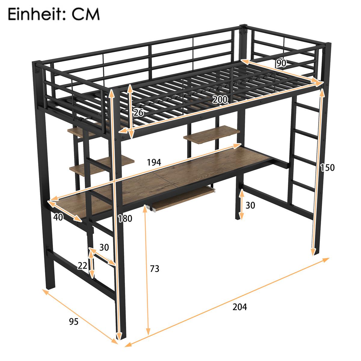 HOCHBETT metall schwarz 90x200cm mit schreibtisch regalen - Schwarz, Metall (90/200cm) - Urban Meuble