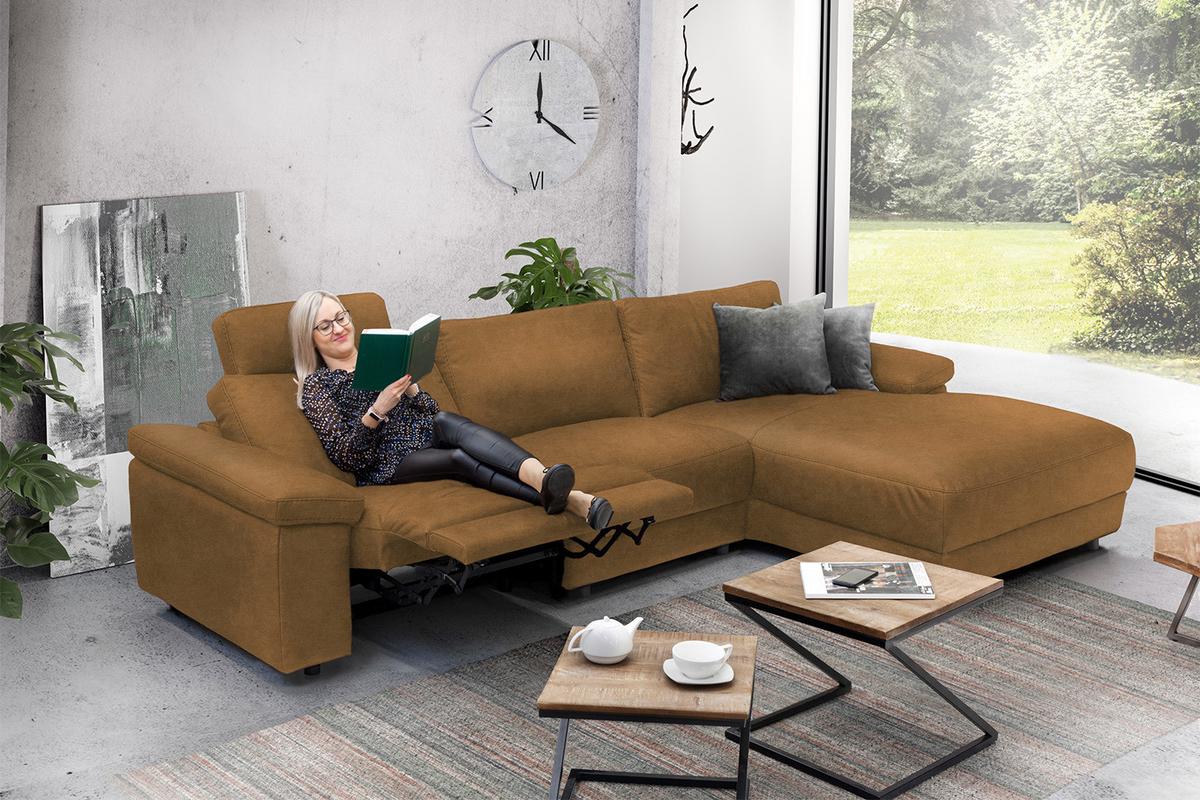 ECKSOFA XL MOTORISCHER RELAXFUNKTION LOLA Orange Leder Relaxfunktion - Cognac/Schwarz, Leder (304/178cm) - KAWOLA