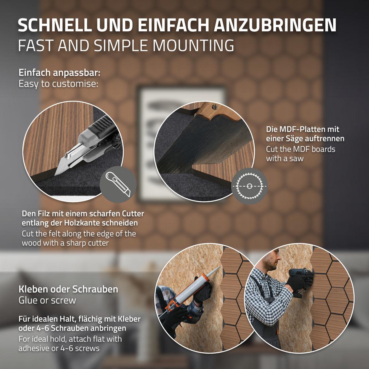 AKUSTIKPANEEL 2er Set Schallschutzplatten Hexagon Teak Holzoptik 66x81x2 cm aus Filz - Dunkelbraun, Holzwerkstoff (2.1/81.1/66.6cm) - ML-DESIGN