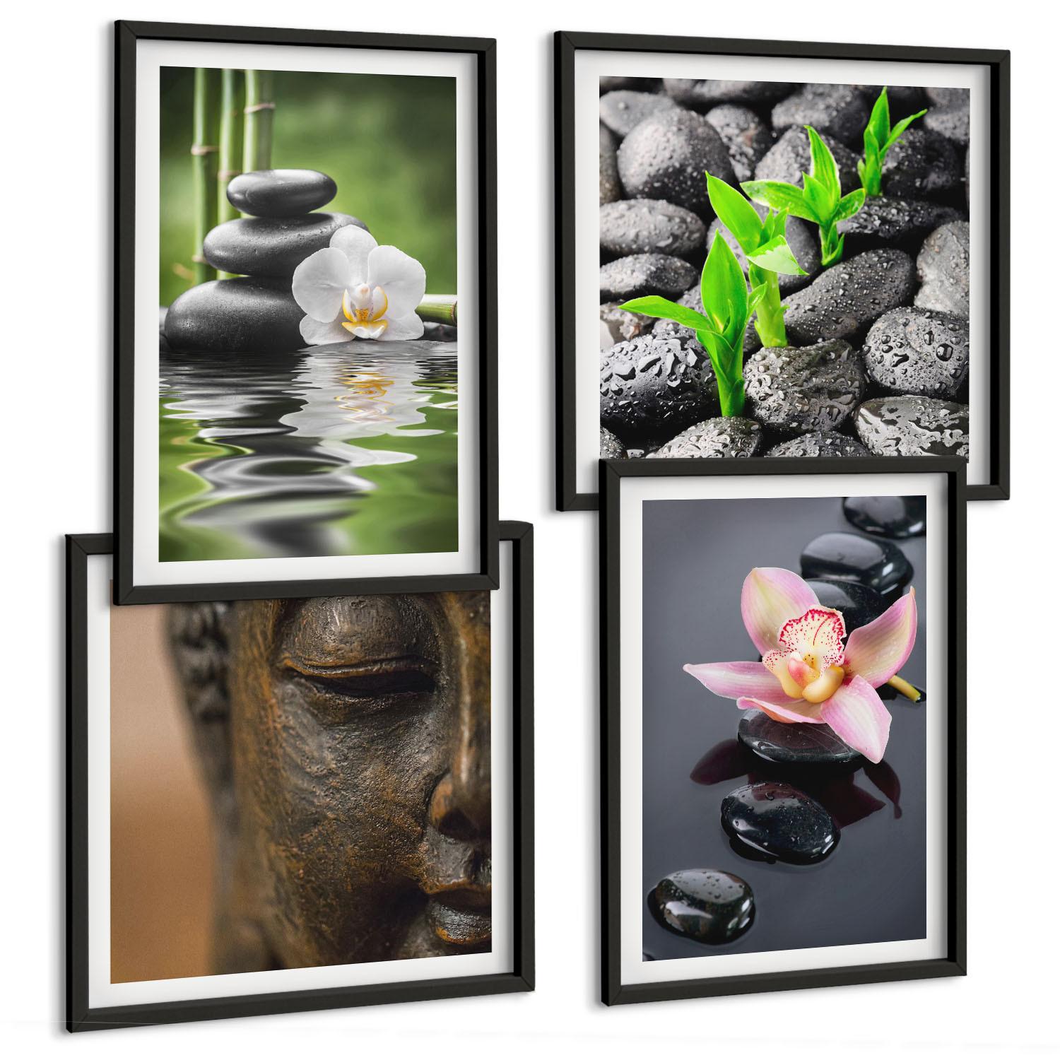 BILDER SET 4er Set - 50x50 cm & 40x60 cm Schwarzer Rahmen - Friedliche Zen-Blumen-Buddha-Komposition - Schwarz, Kunststoff (50/50cm) - TULUP