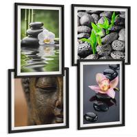 BILDER SET 4er Set - 50x50 cm & 40x60 cm Schwarzer Rahmen - Friedliche Zen-Blumen-Buddha-Komposition - Schwarz, Kunststoff (50/50cm) - TULUP