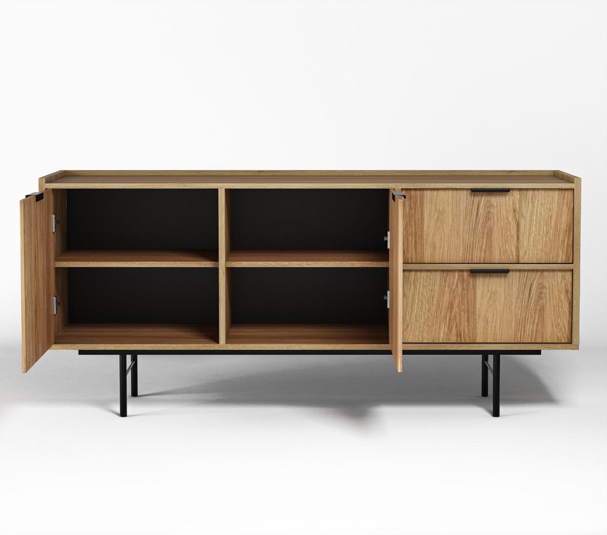 SIDEBOARD Nordiva 2T 2S Hikora Natur 150/68/40 cm – Metallgestell - Schwarz/Naturfarben, Holzwerkstoff/Metall (150/68/40cm) - AX Living