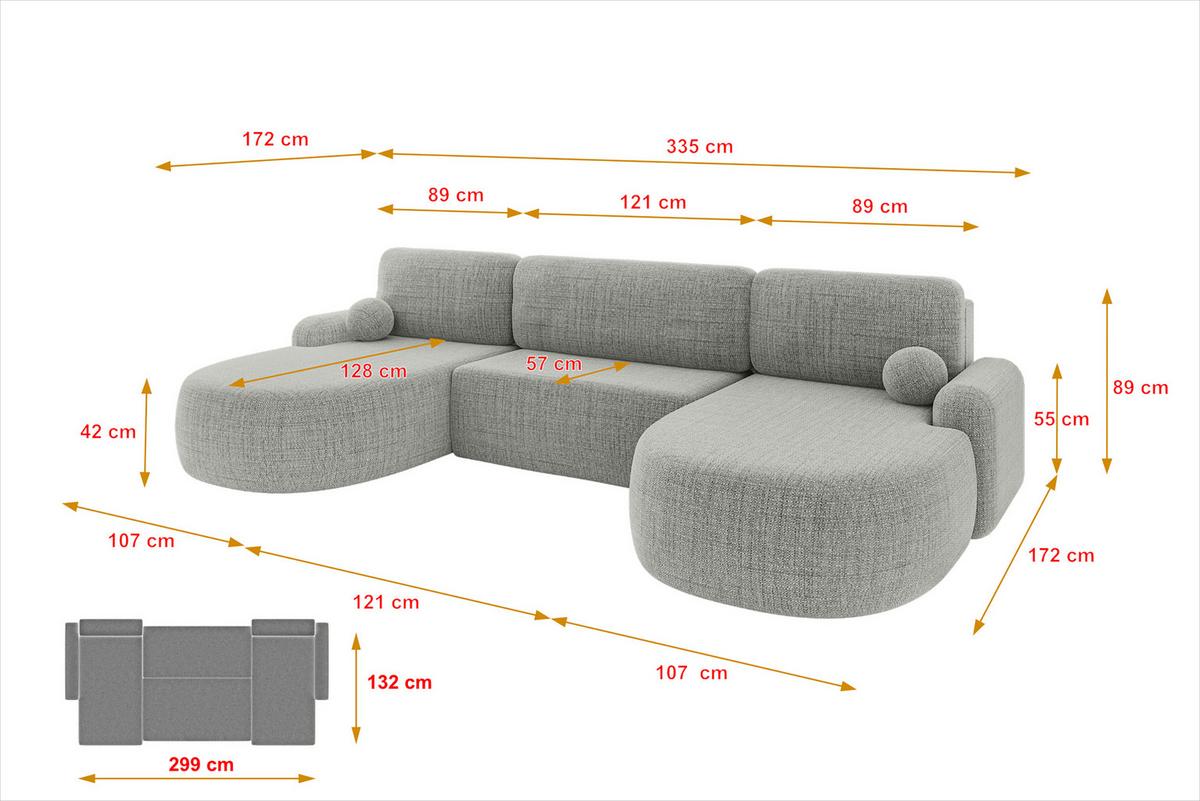 WOHNLANDSCHAFT mit Schlaffunktion und Bettkasten LIRA-U - 335x172x89 Hellgrau - Hellgrau, Holzwerkstoff/Textil (335/89/172cm) - ALTDECOR