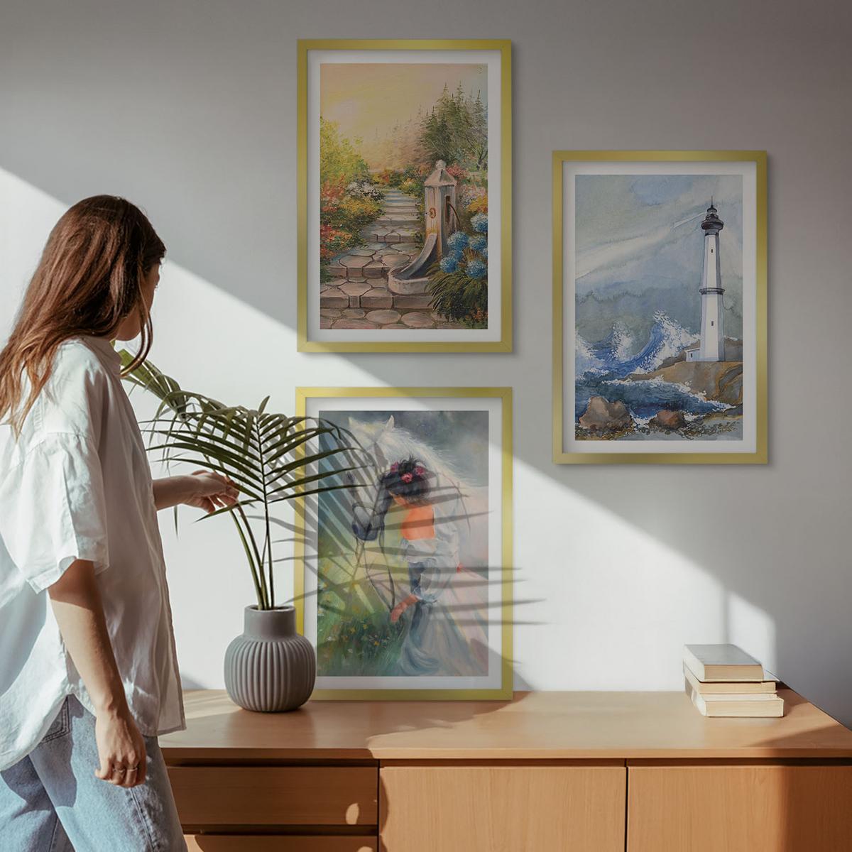 BILDER SET 3er Set - 40x60 cm Goldrahmen - Landschaft Leuchtturm Pferd Mädchen - Goldfarben, Kunststoff (40/60cm) - TULUP