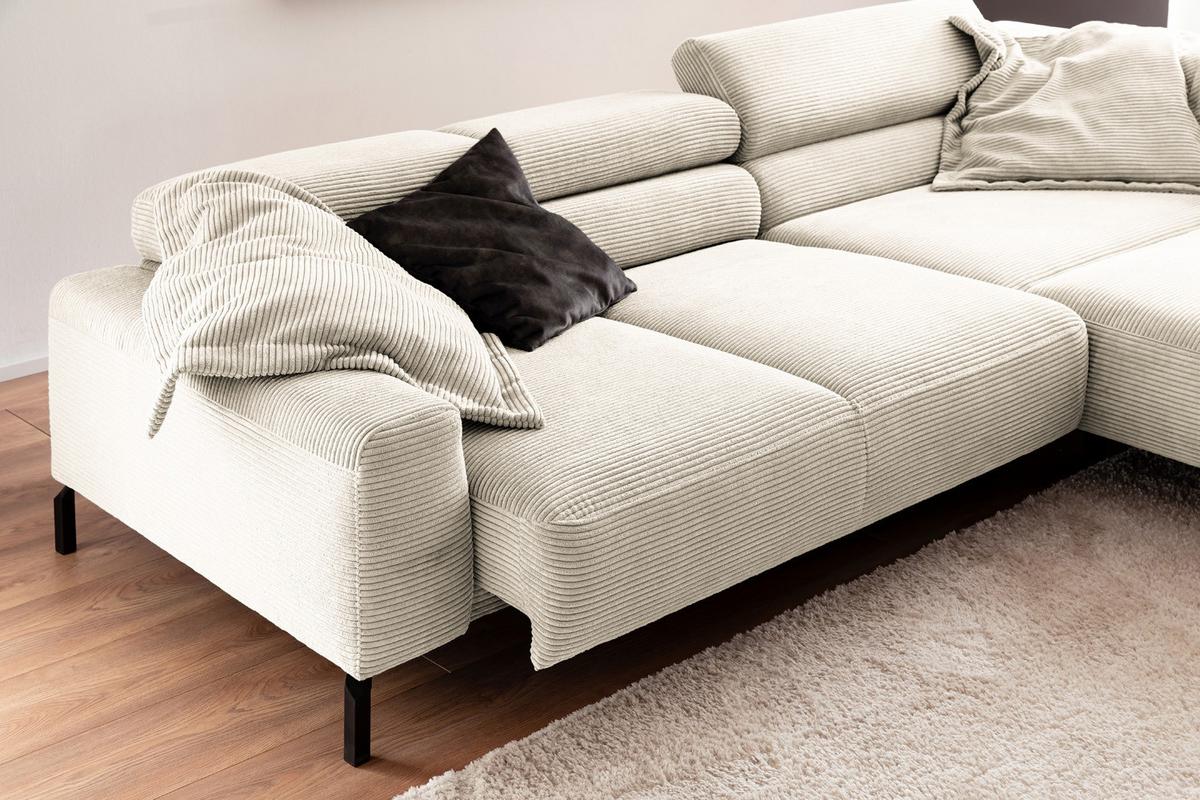 ECKSOFA MIT MOTORISCHEM SITZVORZUG DELIA Cremeweiß Cord Relaxfunktion - Creme/Schwarz, Textil/Metall (312/219cm) - KAWOLA