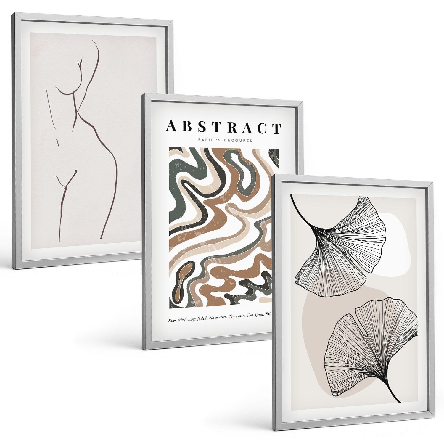 BILDER SET 3er Set - 40x60 cm Silberner Rahmen - Abstrakte Boho-Musterformen - Silberfarben, Kunststoff (40/60cm) - TULUP