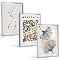 BILDER SET 3er Set - 40x60 cm Silberner Rahmen - Abstrakte Boho-Musterformen - Silberfarben, Kunststoff (40/60cm) - TULUP