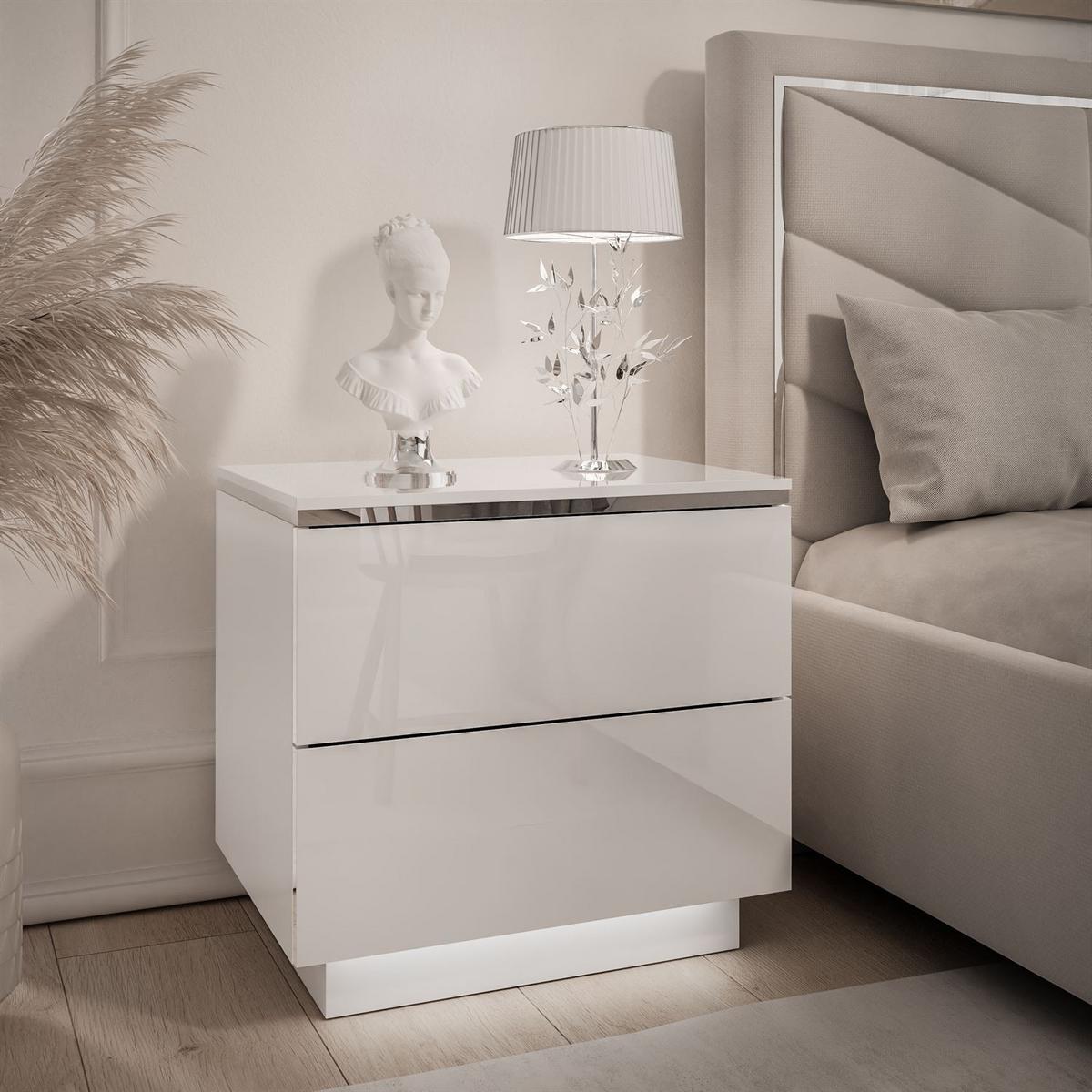 NACHTTISCH AURORA II SILVER Hochglanz Weiß mit LED-Beleuchtung – mit Sockel - Weiß Hochglanz, Holzwerkstoff (50/48/37cm) - Lookway