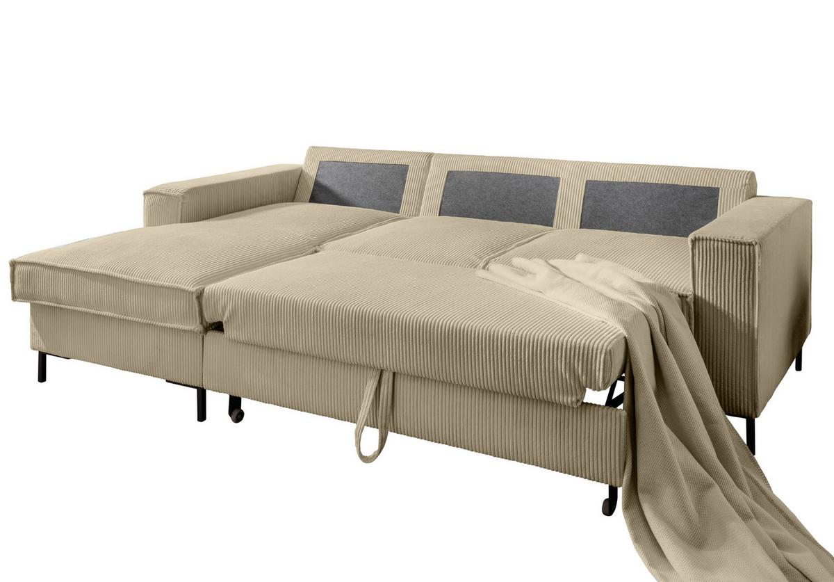 ECKSOFA mit Schlaffunktion, Bettkasten, Wellenunterfederung, Récamiere links B240/T150/H92 cm, Liegefl. 125x198 cm, Cord Beige Grau / 17223 - Greige/Schwarz, Textil/Metall (240/150cm) - luma-home