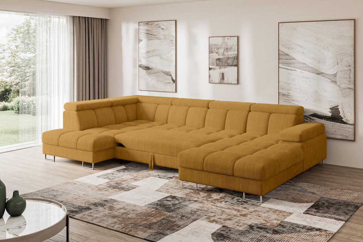 WOHNLANDSCHAFT mit Schlaffunktion und Bettkasten Ottomane Links COMA U 345x203x79 Senfgelb Cord - Honig, Holzwerkstoff/Textil (345/79/203cm) - ALTDECOR