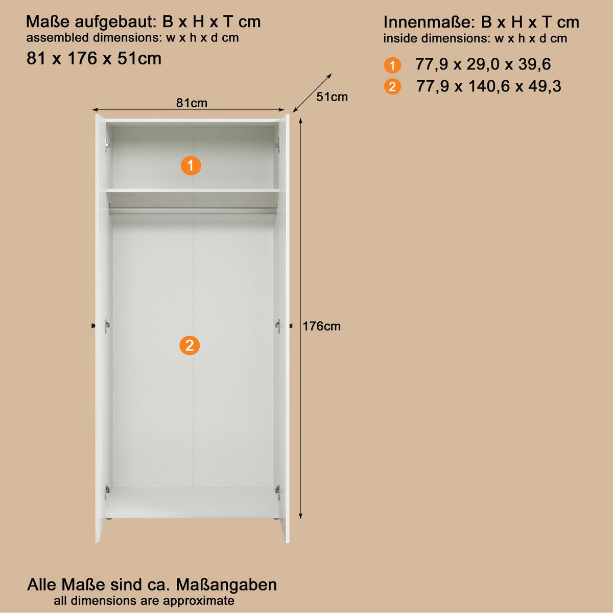 KLEIDERSCHRANK weiß 81 x 176 cm, Drehtürenschrank 2-türig - Schwarz/Weiß, Holzwerkstoff/Kunststoff (81/176/51cm) - Top.Furn